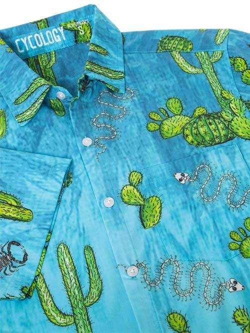 Blue cycling shirt with cactus and snake print, button-up design for men or women