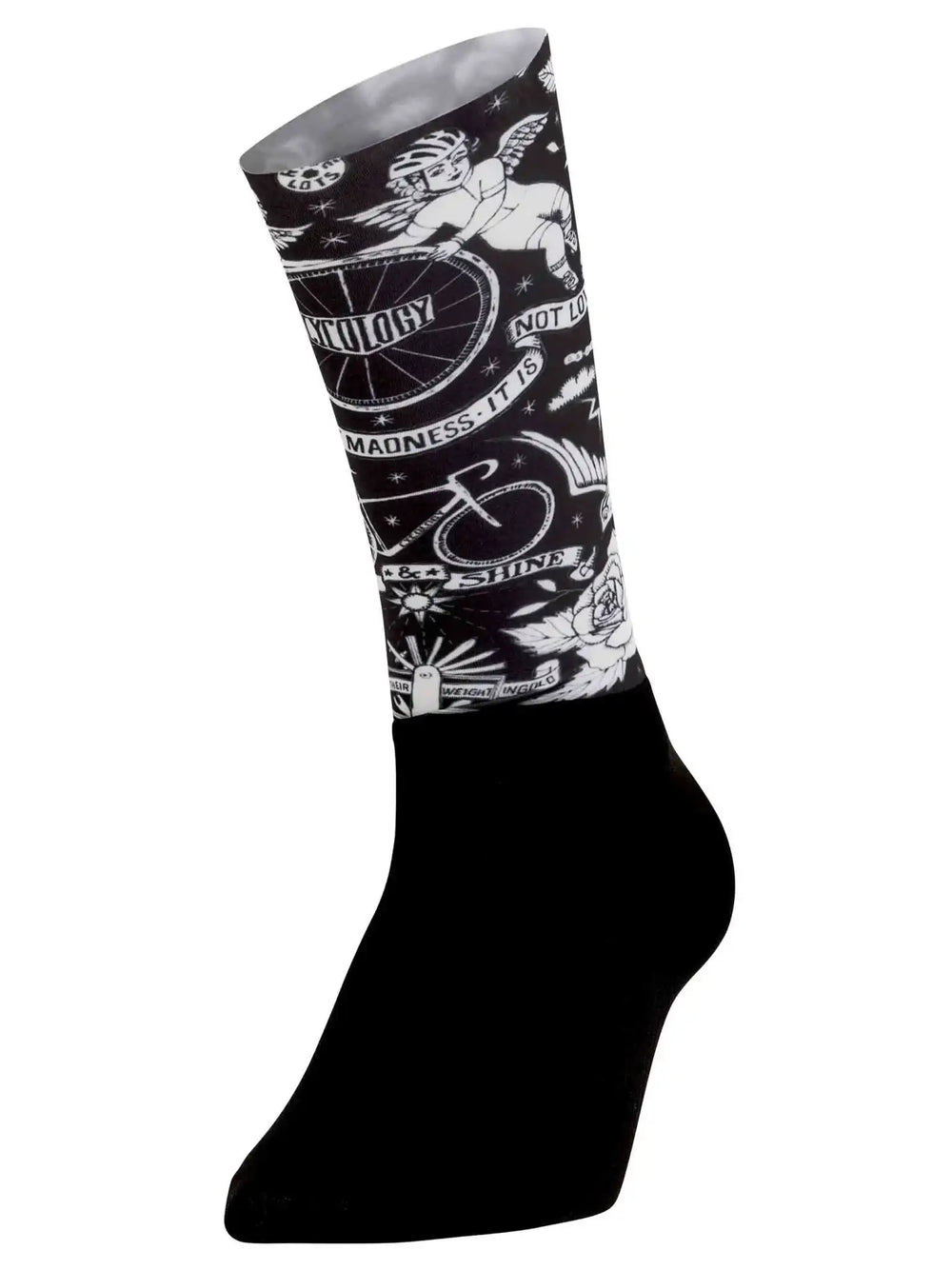 Black cycling sock with white angel, bike wheel, and tattoo-style graphics for men and women