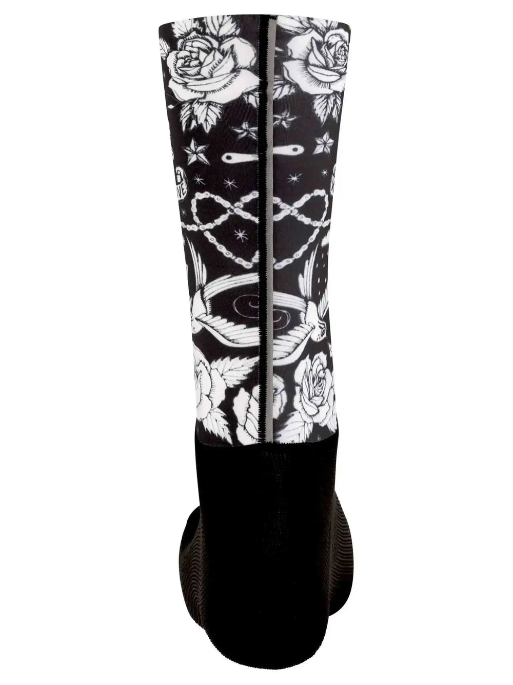 Black cycling sock with white rose, chain, and bird tattoo-style print for men and women