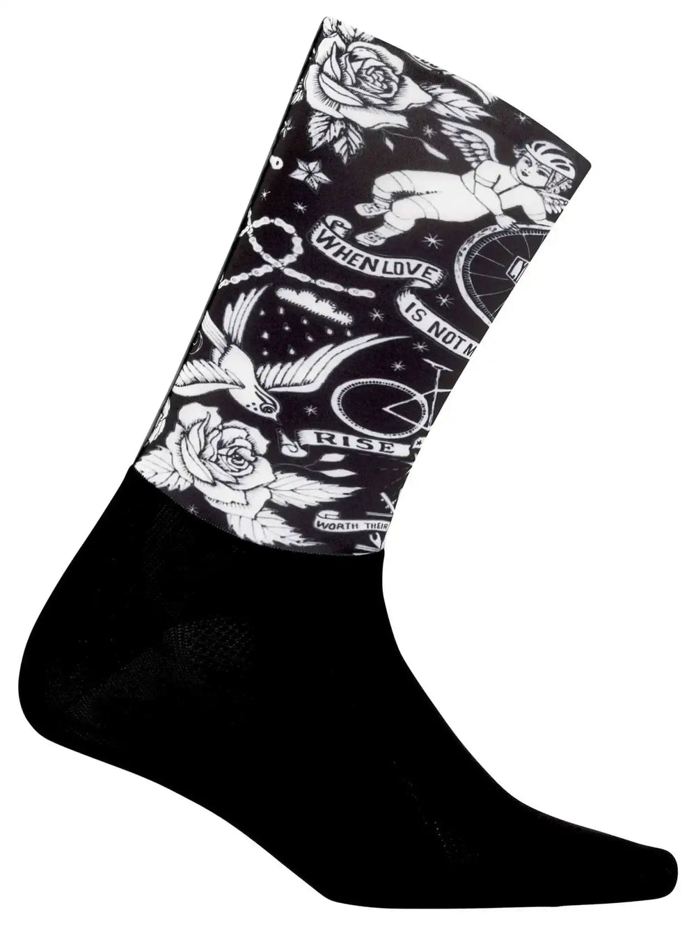 Black cycling sock with white tattoo-style design featuring roses, cherub, and bike motifs