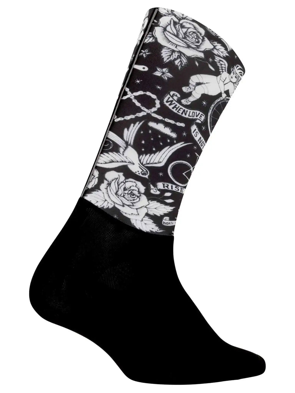 Black cycling sock with white tattoo-style roses, birds, and 'When Love Is Not Worth It' text design