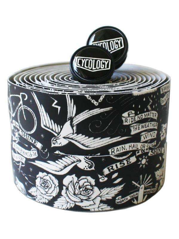Black and white cycling handlebar tape with swallow, roses, and motivational phrases, featuring Cycology caps