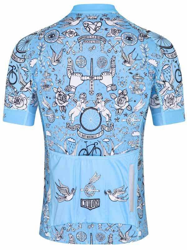 Light blue men's cycling jersey with tattoo-style graphics, roses, birds, and bike motifs for road cycling