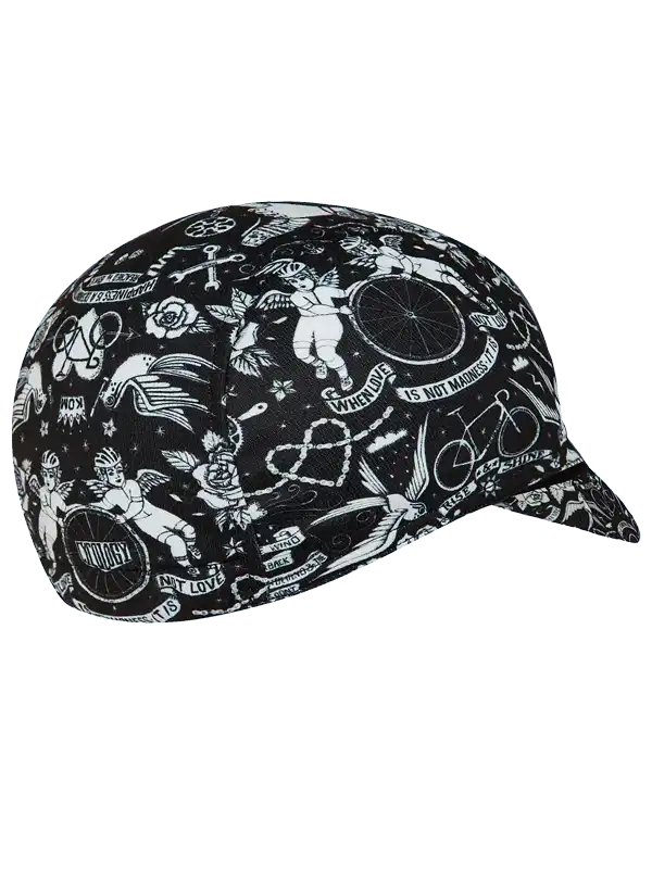 Black and white cycling cap with angel, bike, and tattoo-style graphics for men and women