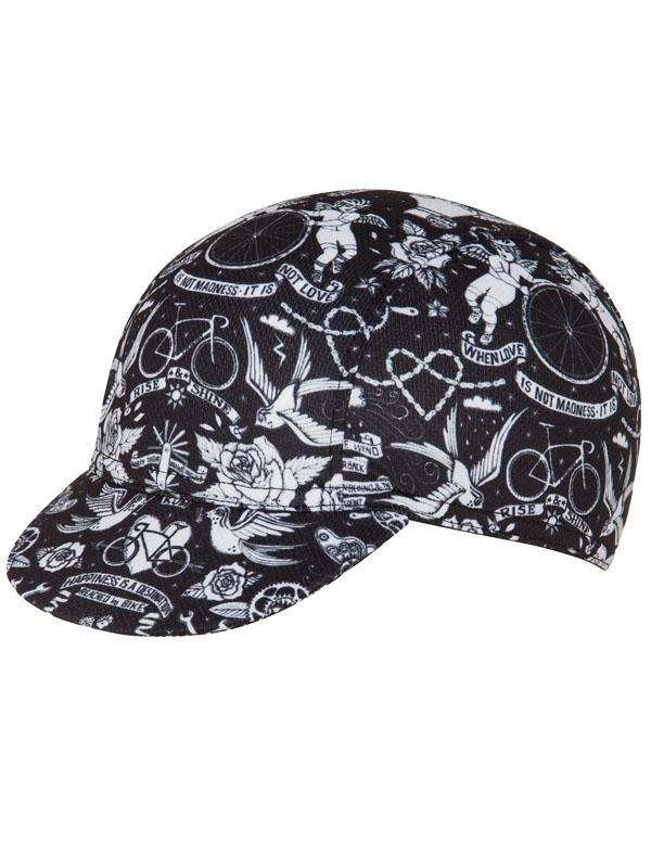 Black cycling cap with white tattoo-style bike, rose, and quote graphics for men and women