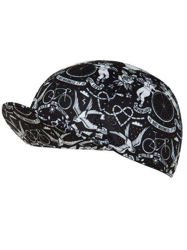 Black cycling cap with white bike and quote print, ideal for men's and women's cycling gear