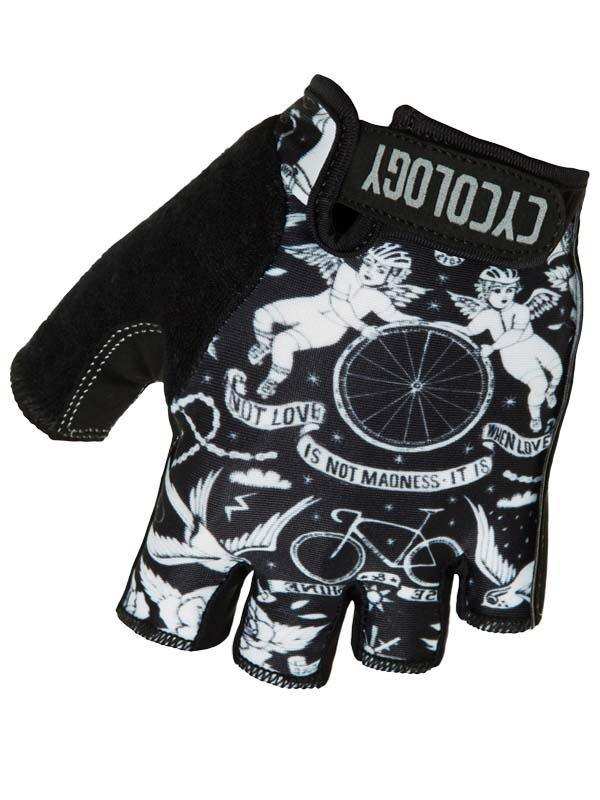 Black fingerless cycling gloves with white angel and bike print, ideal for men's and women's cycling gear
