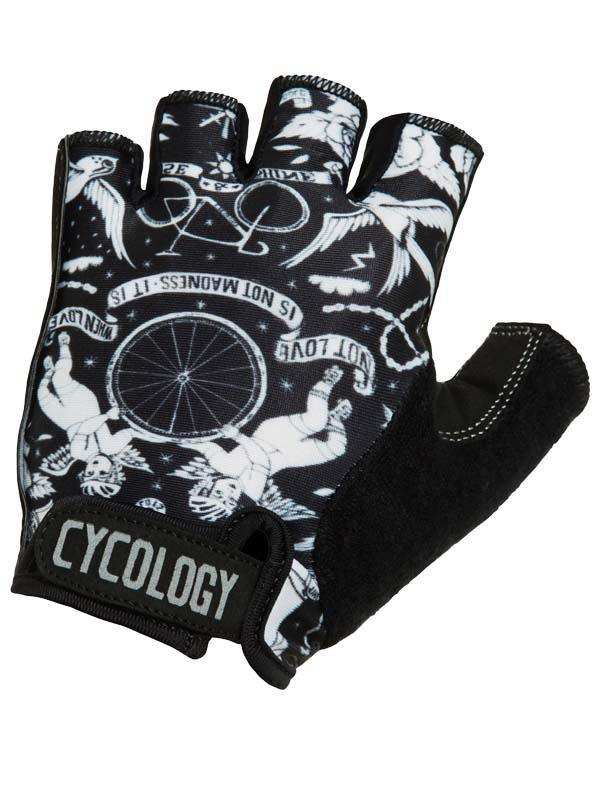 Black fingerless cycling glove with white bike and angel print, Cycology brand label