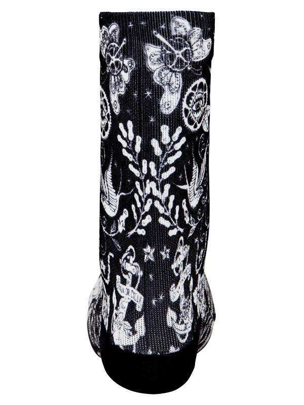 Black cycling sock with white floral and bike gear pattern, ideal for men's and women's bike rides