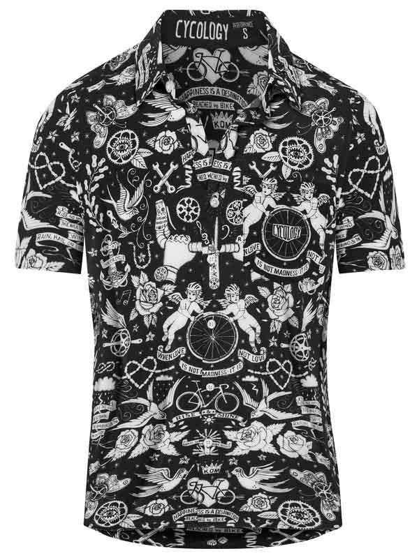 Men's black and white tattoo-style cycling shirt with bike and angel graphics