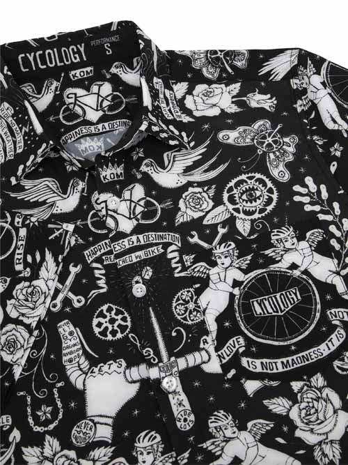 Black cycling shirt with white tattoo-style graphics, bikes, roses, and angel motifs for men and women