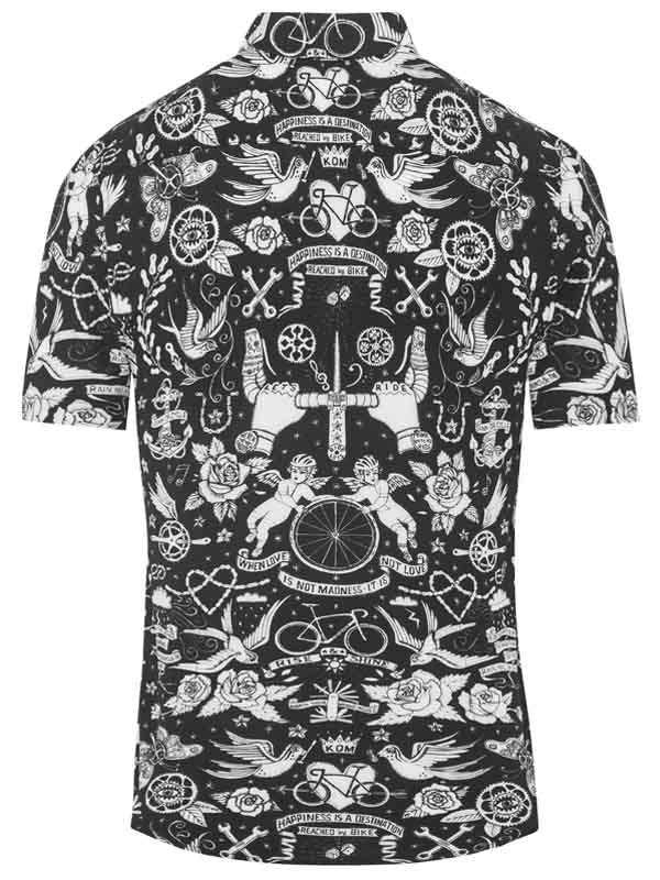 Men's black cycling shirt with white tattoo-style print featuring bikes, roses, and wings