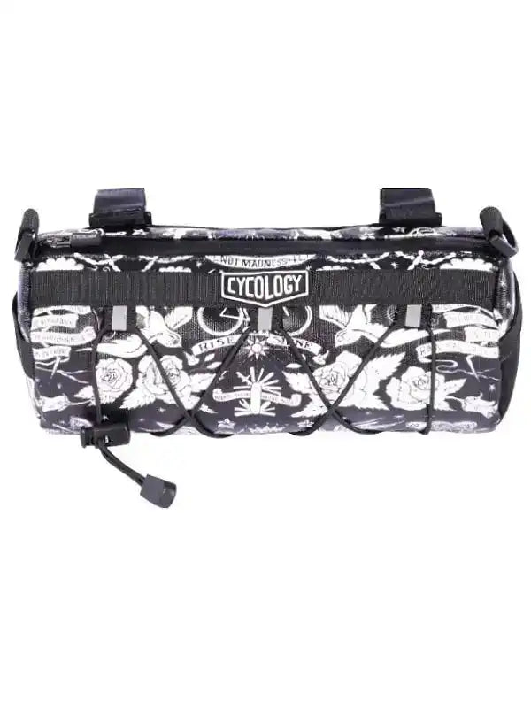Cycology bike frame bag with tattoo-style rose and bird print, black and white design