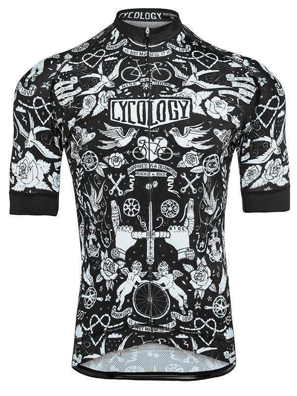 Men's black and white cycling jersey with tattoo-style graphics, roses, bikes, and 'Cycology' branding