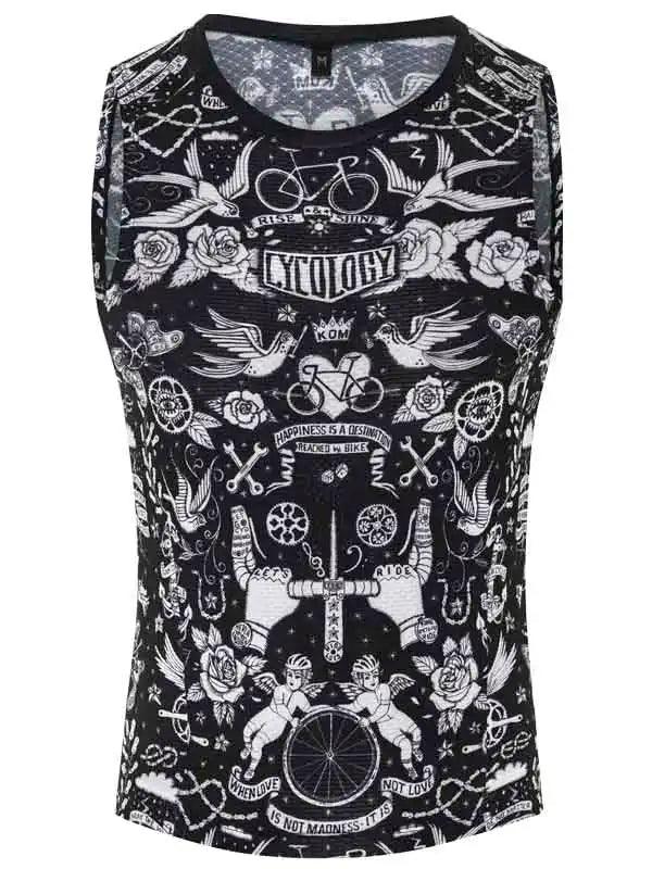 Men's black sleeveless cycling jersey with white tattoo-style bike and rose graphics, ideal for road rides.
