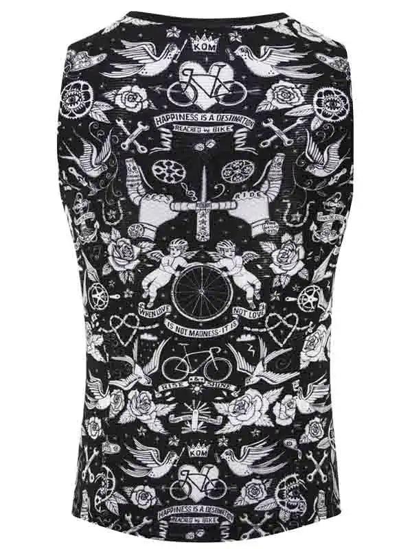 Black cycling vest with white tattoo-style graphics, bikes, roses, and motivational phrases for cyclists