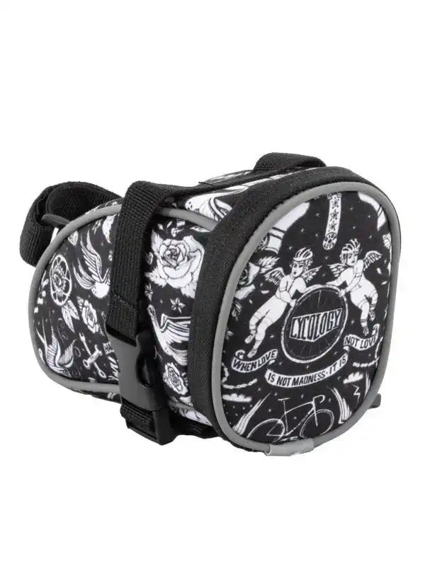 Black and white tattoo-style cycling saddle bag with angel and rose print, ideal for bike storage