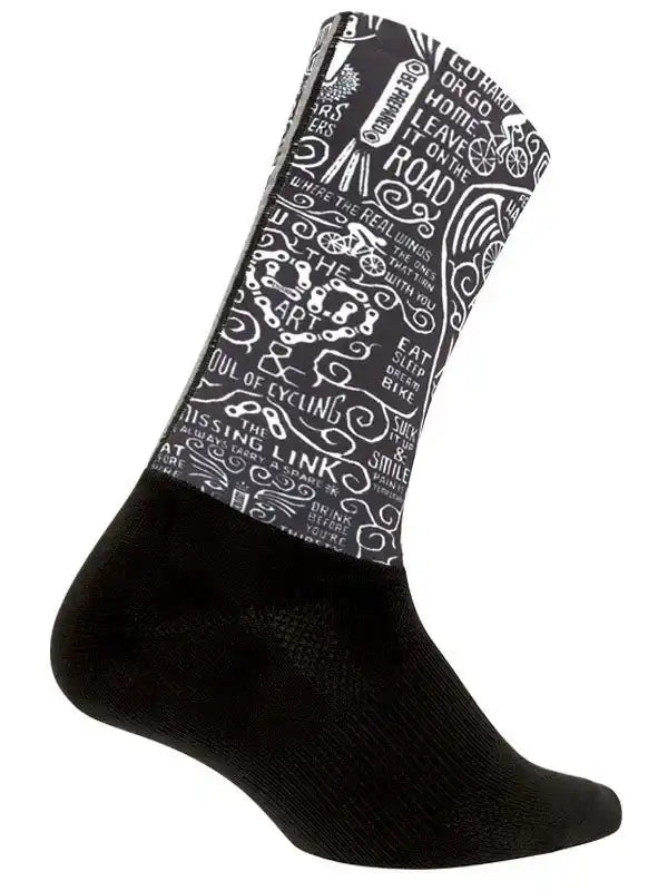 Black cycling sock with white bike-themed graphics and cycling quotes, ideal for road riders