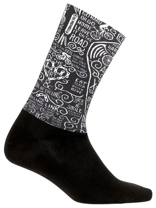 Black cycling sock with white bike-themed graphics and motivational phrases for men and women