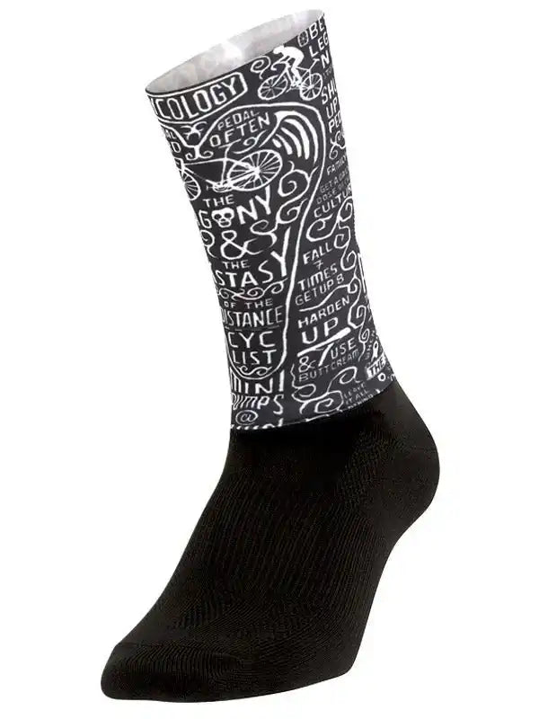 Black cycling sock with white bike-themed typography print, ideal for men's and women's cycling gear