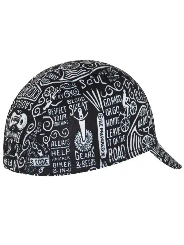 Black cycling cap with white bike-themed graphics and motivational phrases for road riders