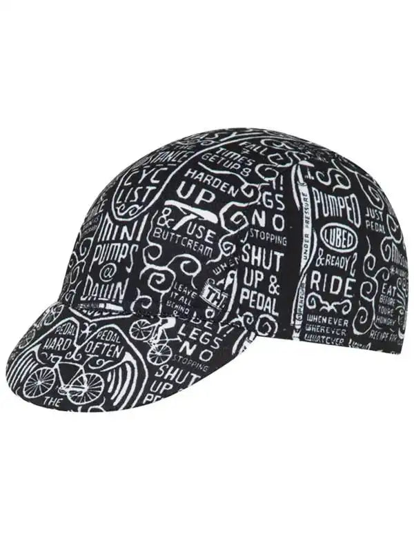 Black cycling cap with white cycling-themed text and graphics, ideal for road bike rides and cycling enthusiasts.