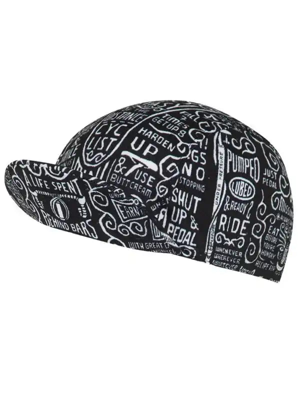 Black cycling cap with white cycling-themed text and graphics, ideal for road bike riders