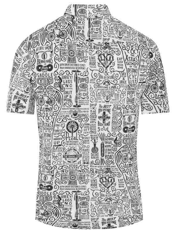Men's cycling jersey with black and white typography print featuring cycling quotes and icons