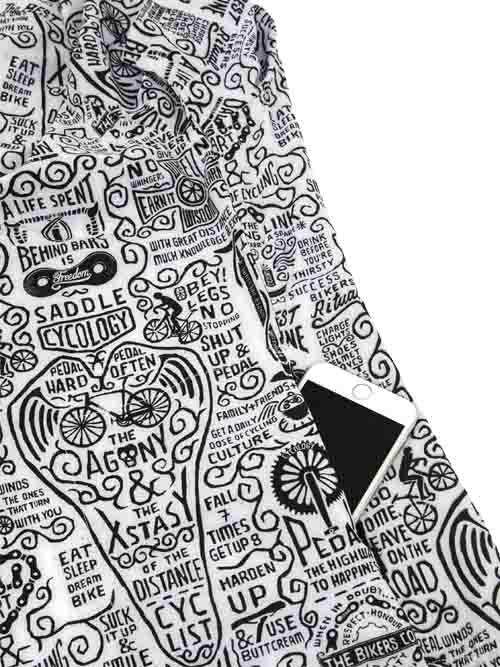 Men's cycling jersey with bold black-and-white doodle print featuring bike quotes and graphics