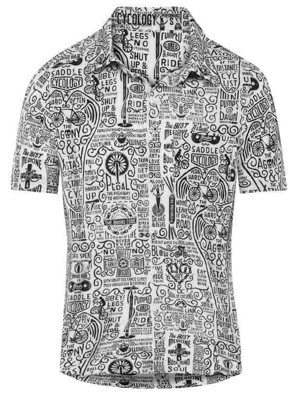 Men's cycling shirt with bold black-and-white graphic print featuring cycling phrases and icons