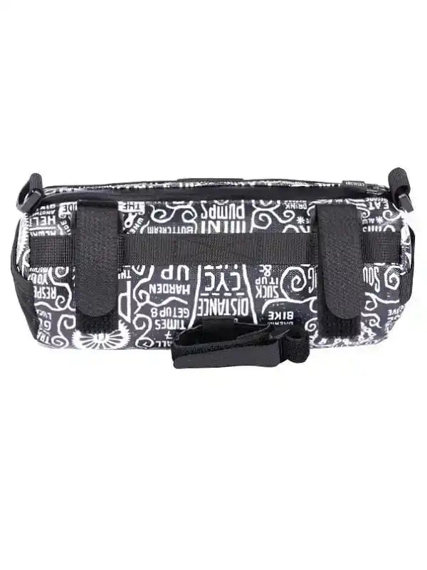 Black and white cycling frame bag with motivational text and swirl patterns, ideal for bike rides.