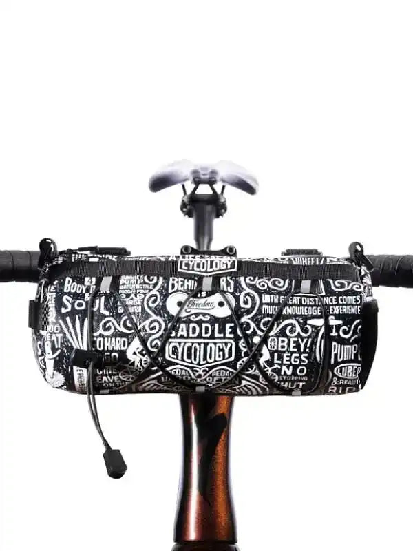 Cycling handlebar bag with bold graphic print, ideal for bike commuters and road cyclists