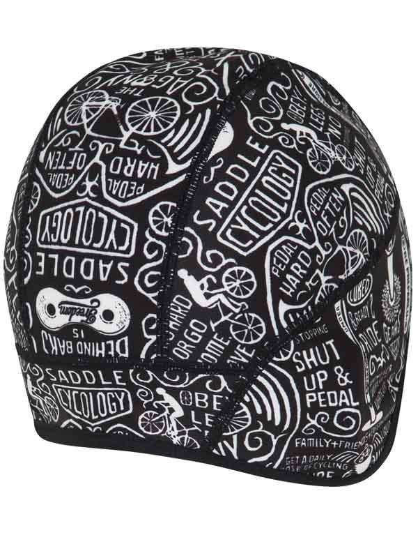 Black cycling cap with white bike graphics and cycling phrases like 'Pedal Hard' and 'Saddle Up'